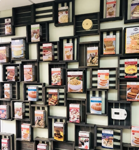 Boxes of Pastry Powders in a shelf